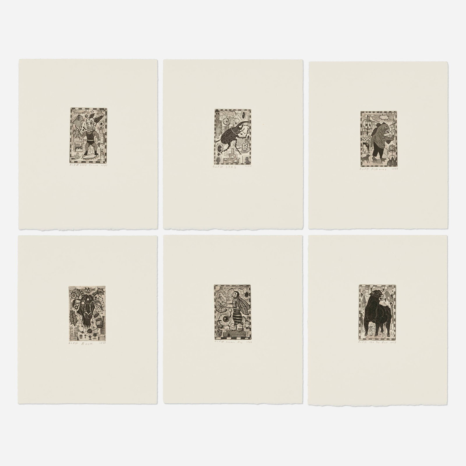 Tony Fitzpatrick, Six works: Tony Fitzpatrick Six works 1997 etching and aquatint image (each): 3 h x 2 w in (8 x 5 cm) sheet (each): 9.125 h x 7.5 w in (23 x 19 cm) Signed, titled, dated, and numbered to lower edge of each work 