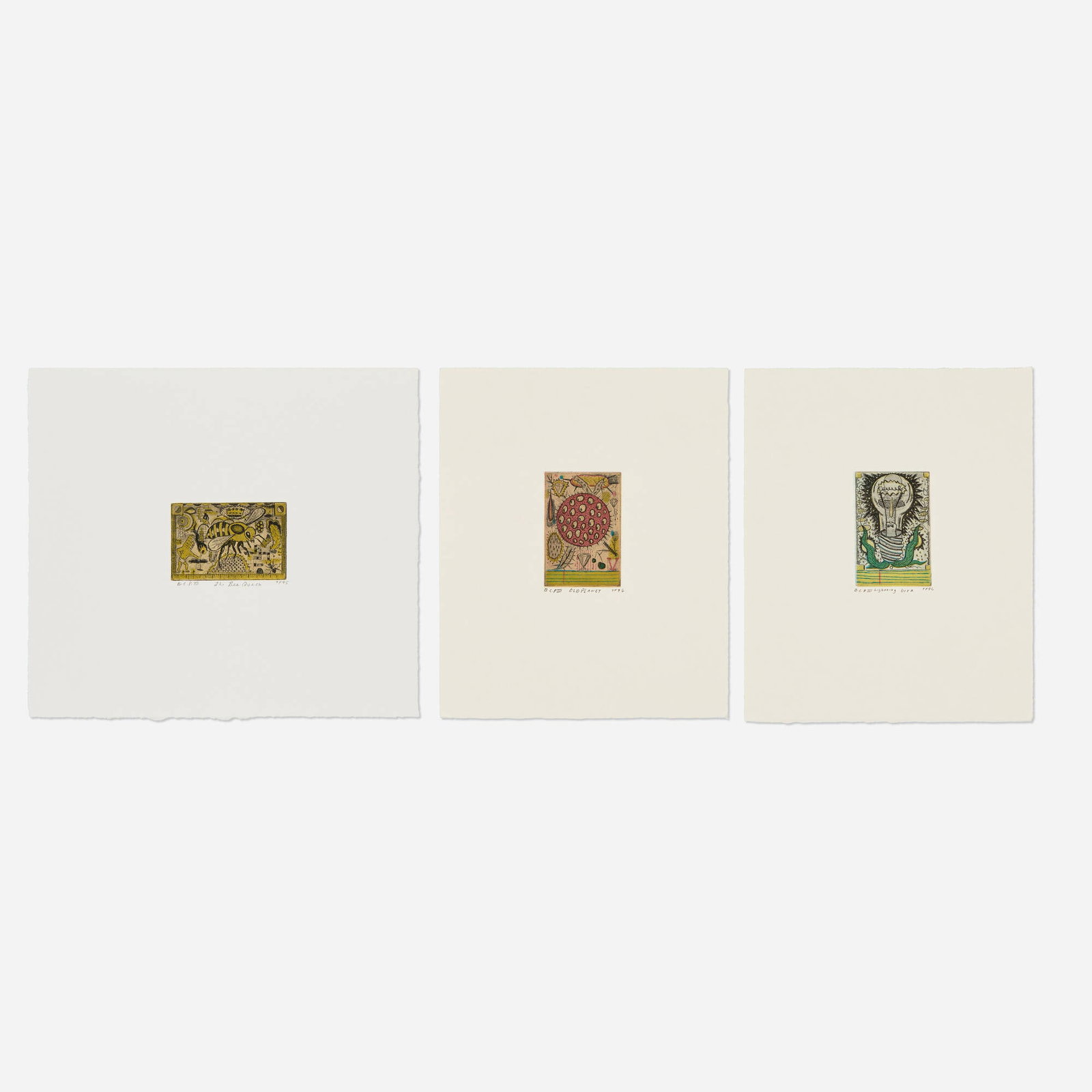 Tony Fitzpatrick, The Bee Queen; Lightning Born; Old Planet (three works): Tony Fitzpatrick The Bee Queen; Lightning Born; Old Planet (three works) 1995-96 etching in colors 9 h x 10 w in (23 x 25 cm) 9.25 h x 7.5 w in (23 x 19 cm) 9 h x 7.5 w in (23 x 19 cm) Signed, titled