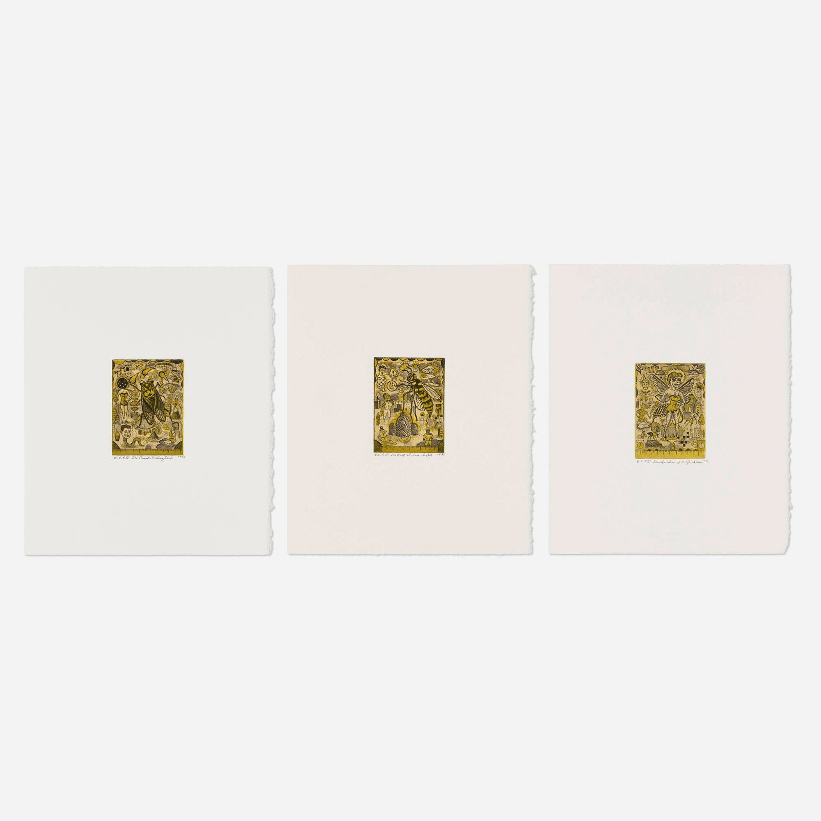 Tony Fitzpatrick, Transformation of the Junk Whore; The Cicada Making Rain; The Wasp at Twilight: Tony Fitzpatrick Transformation of the Junk Whore; The Cicada Making Rain; The Wasp at Twilight (three works) 1995 etching and aquatint in colors 12 h x 10 w in (30 x 25 cm) 12 h x 10.25 w in (30 x 26