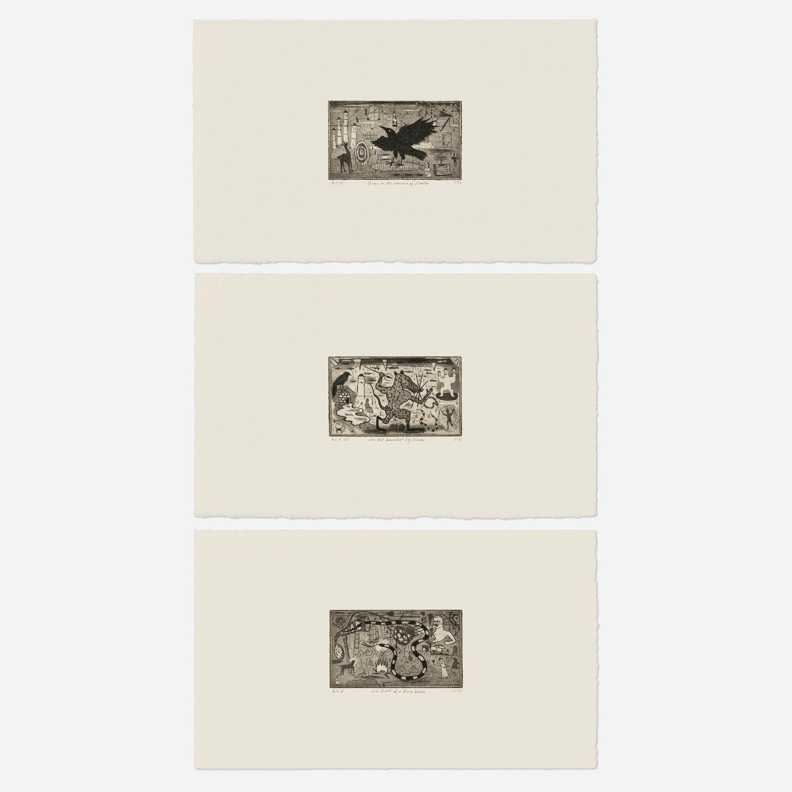 Tony Fitzpatrick, The Birth of a King Snake; Crow in the Service of Ghosts; The Rat Tormented by: Tony Fitzpatrick The Birth of a King Snake; Crow in the Service of Ghosts; The Rat Tormented by Ghosts (three works) 1993 etching and aquatint 9 h x 15.125 w in (23 x 38 cm) 9.125 h x 15.125 w in (23 