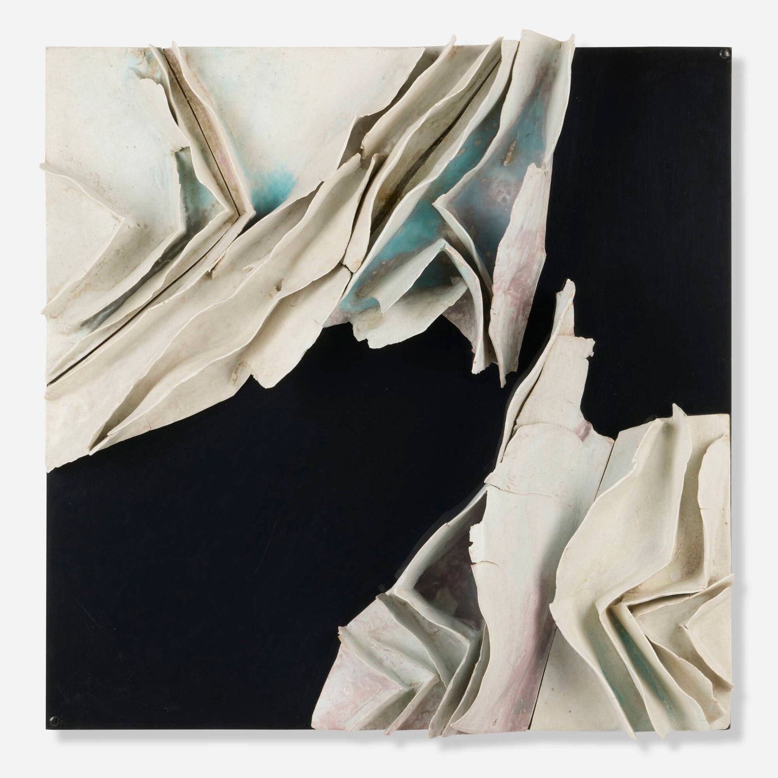 Ruth Duckworth, Untitled (Wall-mounted sculpture): Ruth Duckworth Untitled (Wall-mounted sculpture) c. 1979 glazed porcelain, acrylic, painted plywood 34.5 h x 34.5 w x 8 d in (88 x 88 x 20 cm) Provenance: Collection of Alice Westphal, Evanston, IL