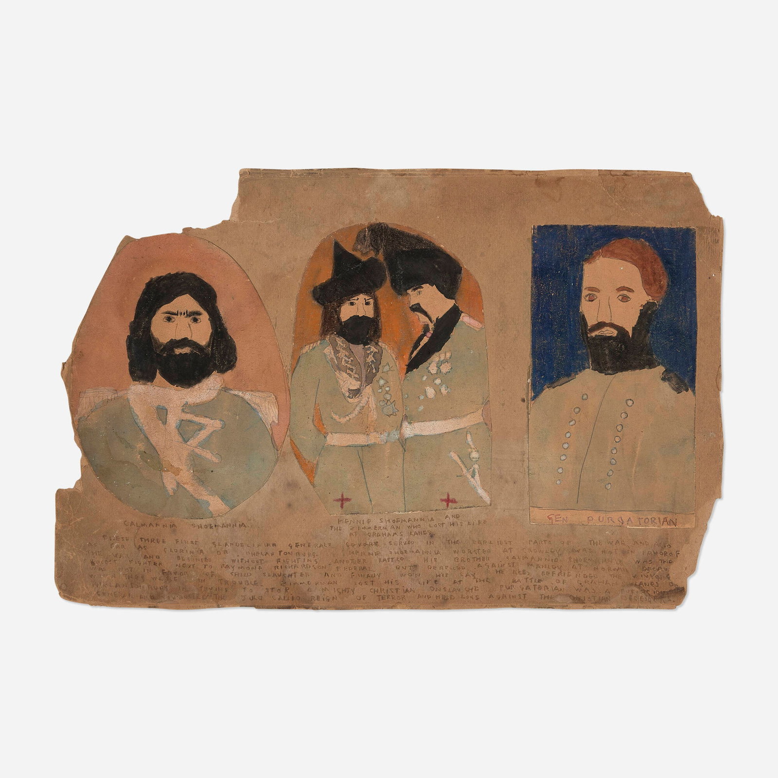 Henry Darger, Untitled (Four Generals): Henry Darger Untitled (Four Generals) watercolor, crayon, ink and paper collage on paper board 11.25 h x 16.875 w in (29 x 43 cm) Provenance: Judy A. Saslow Gallery, Chicago | Private Collection