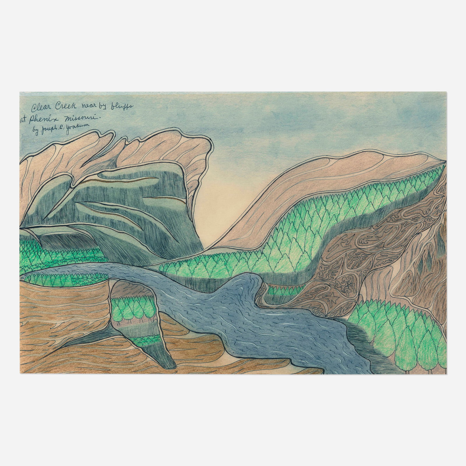 Joseph E. Yoakum, Clear Creek Near by Bluffs at Phenix, Missouri: Joseph E. Yoakum Clear Creek Near by Bluffs at Phenix, Missouri 1968 ballpoint pen and colored pencil on paper 12.125 h x 18 w in (31 x 46 cm) Signed, titled, and dated to upper left 'Clear Creek