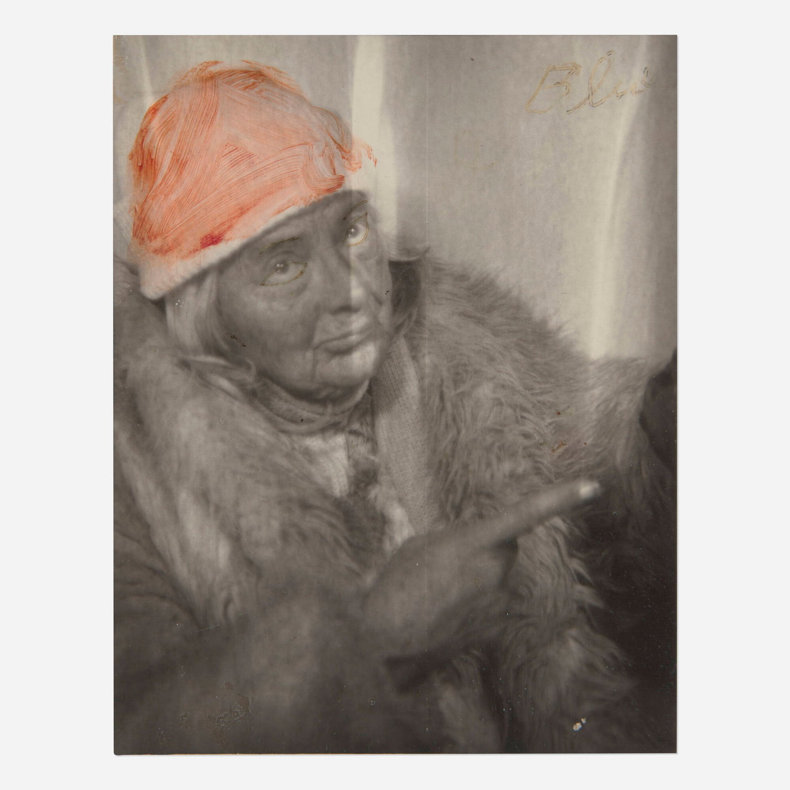 Lee Godie, Untitled (Photo Booth Self-Portrait): Lee Godie Untitled (Photo Booth Self-Portrait) gelatin silver print with hand-coloring sight: 4.25 h x 3.375 w in (11 x 9 cm) Inscribed to verso 'Photo of Lee pointing to a recovered jewelry bag&