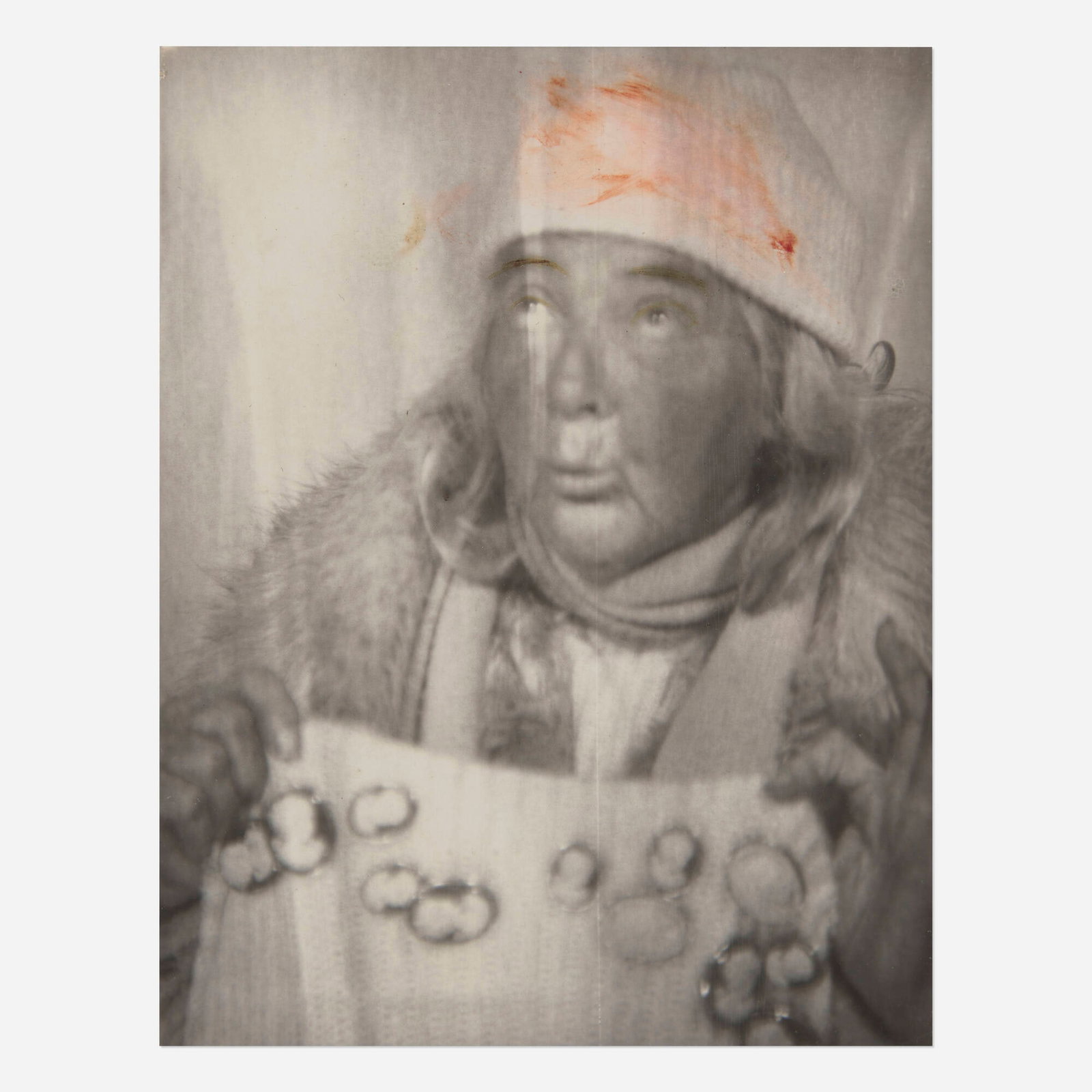 Lee Godie, Untitled (Photo Booth Self-Portrait): Lee Godie Untitled (Photo Booth Self-Portrait) gelatin silver print with hand-coloring sight: 4.375 h x 3.375 w in (11 x 9 cm) Signed and inscribed to verso 'Cameo pins - on sweater Em Lee The Ar