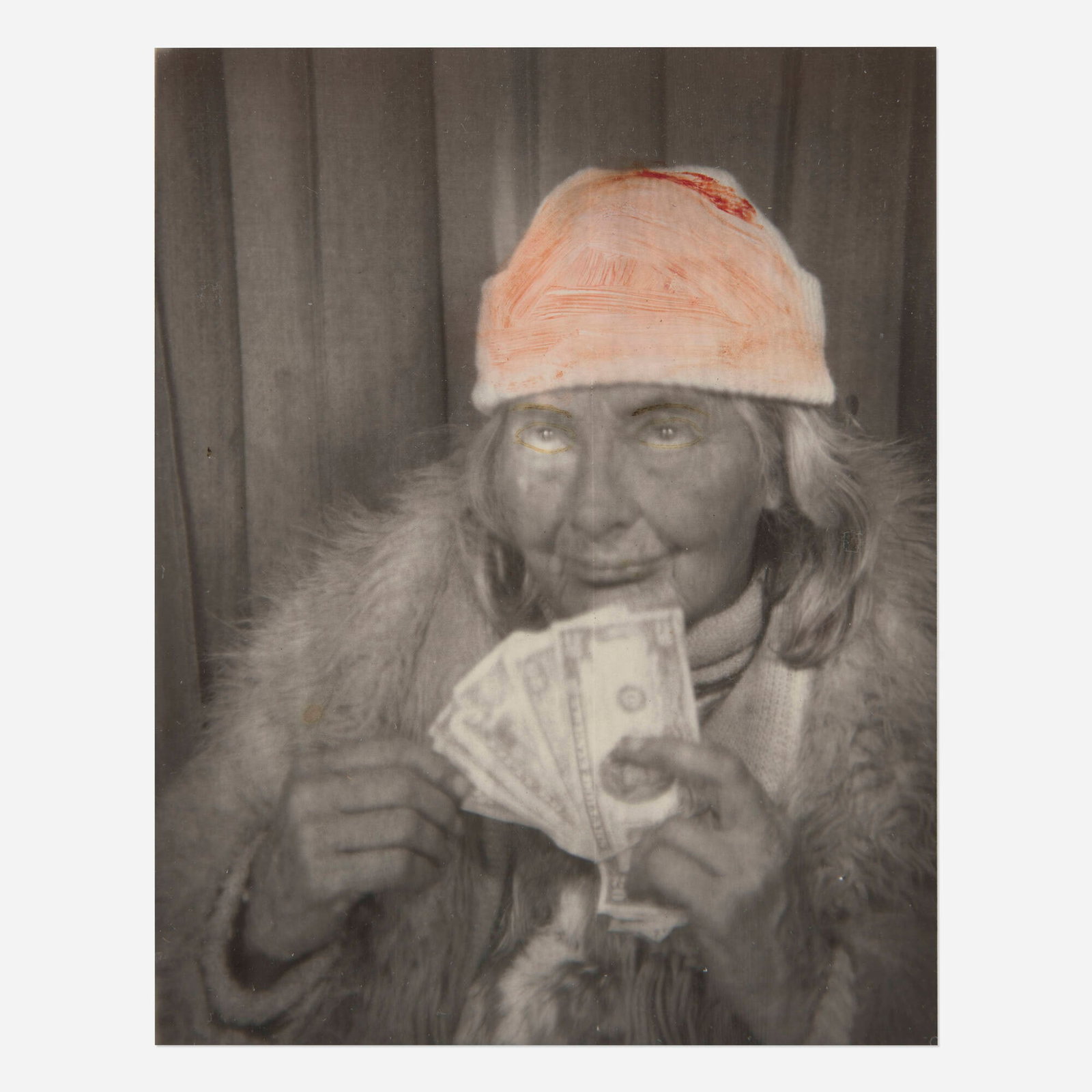 Lee Godie, Untitled (Photo Booth Self-Portrait): Lee Godie Untitled (Photo Booth Self-Portrait) gelatin silver print with hand-coloring sight: 4.25 h x 3.375 w in (11 x 9 cm) Signed and inscribed to verso 'Lee - I shut out light with (dark curt