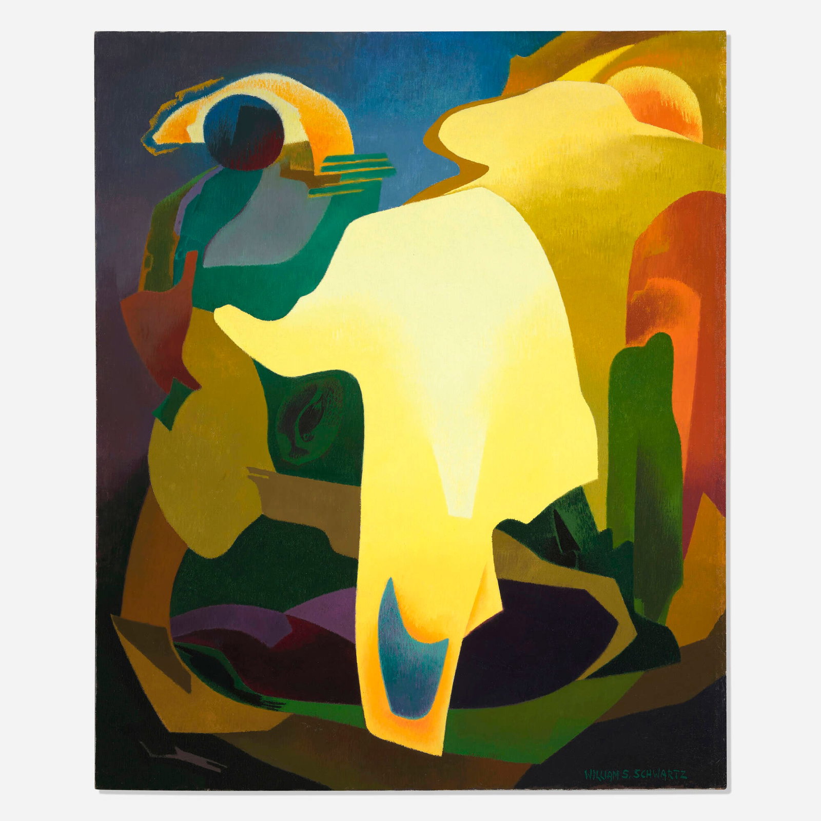 William Schwartz, Symphonic Forms #63: William Schwartz Symphonic Forms #63 c. 1965 oil on canvas 48.125 h x 40.125 w in (122 x 102 cm) Signed to lower right 'William S. Schwartz'. Signed and titled to verso 'Symphonic Forms