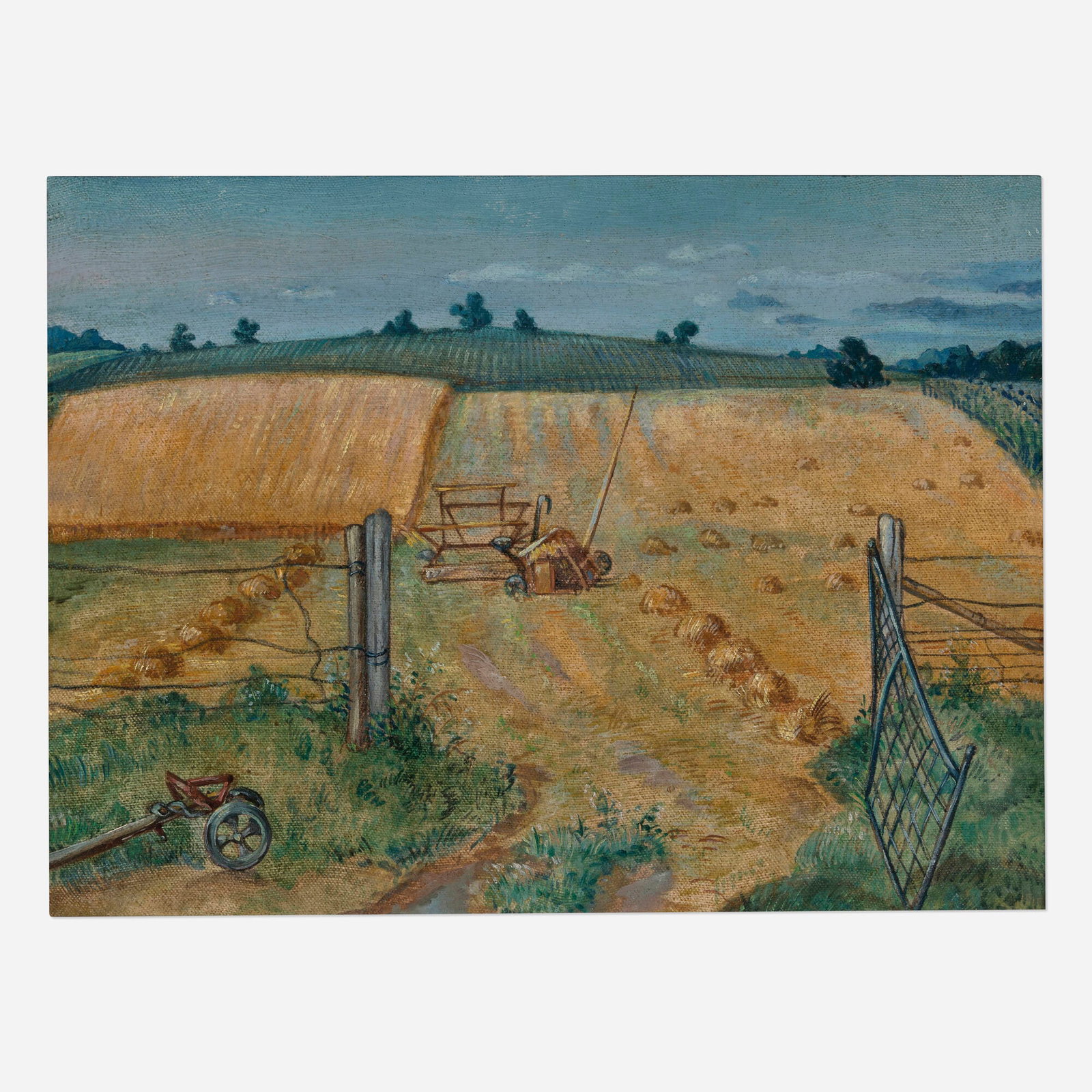 Robert Francis White, Reaping: Robert Francis White Reaping oil on canvas 12 h x 16 w in (30 x 41 cm) Signed, titled, and inscribed to stretcher bar verso 'Francis Robert White Outing Club Clear Lake Iowa Reaping'. T