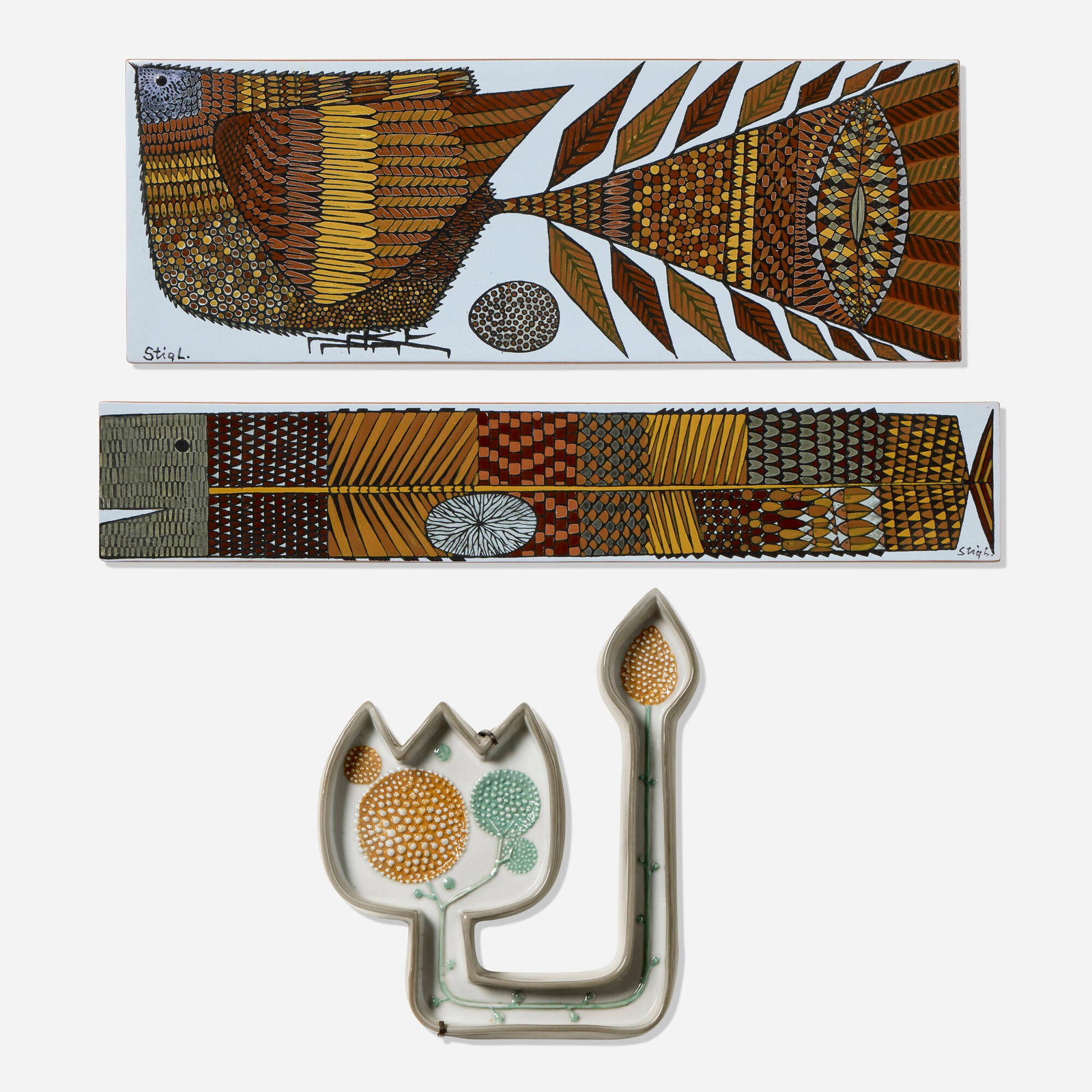 Stig Lindberg and Sylvia Leuchovius, Collection of three wall plaques: Stig Lindberg and Sylvia Leuchovius Collection of three wall plaques Rorstrand and Gustavsberg Sweden, 1962, c. 1970 glazed earthenware, glazed porcelain 7.75 h x 21.25 w x 0.75 d in (20 x 54 x 2 cm) 