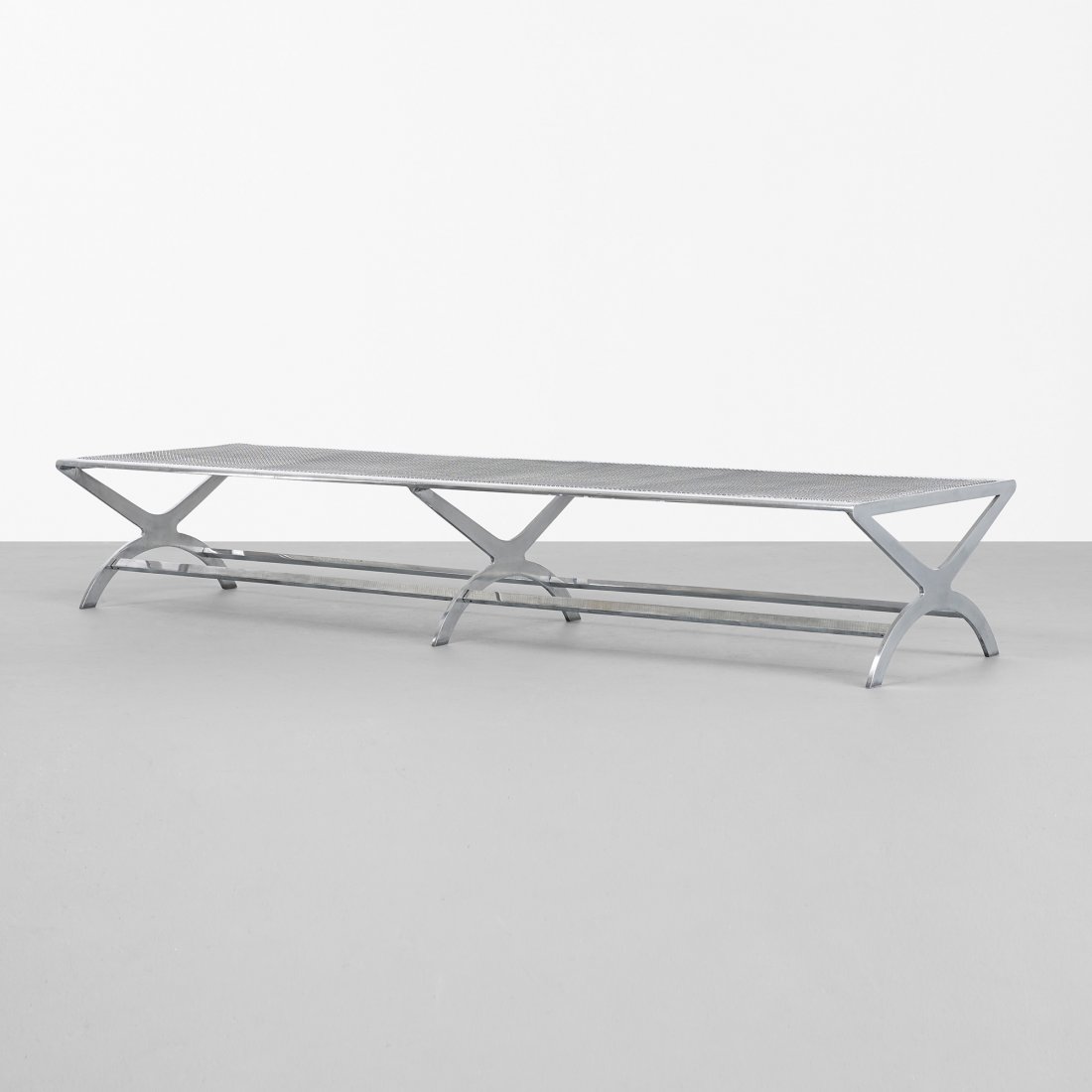 John Vesey bench: John Vesey bench John Vesey, Inc. USA, c. 1958 aluminum, steel mesh 96 w x 30 d x 16 h inches Literature: John Vesey, Inc., manufacturer's catalog, unpaginated