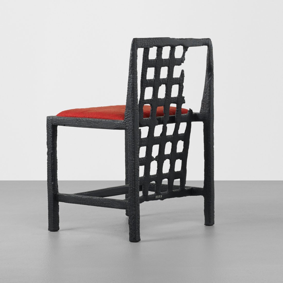 Maarten Baas Where There's Smoke DS3 Chair: Maarten Baas Where There's Smoke DS3 Chair Moooi The Netherlands, 2005 charred and lacquered wood, upholstery, mother of pearl 19.25 w x 17.75 d x 29.5 h inches Signed to reverse: [Baas]. Signed with