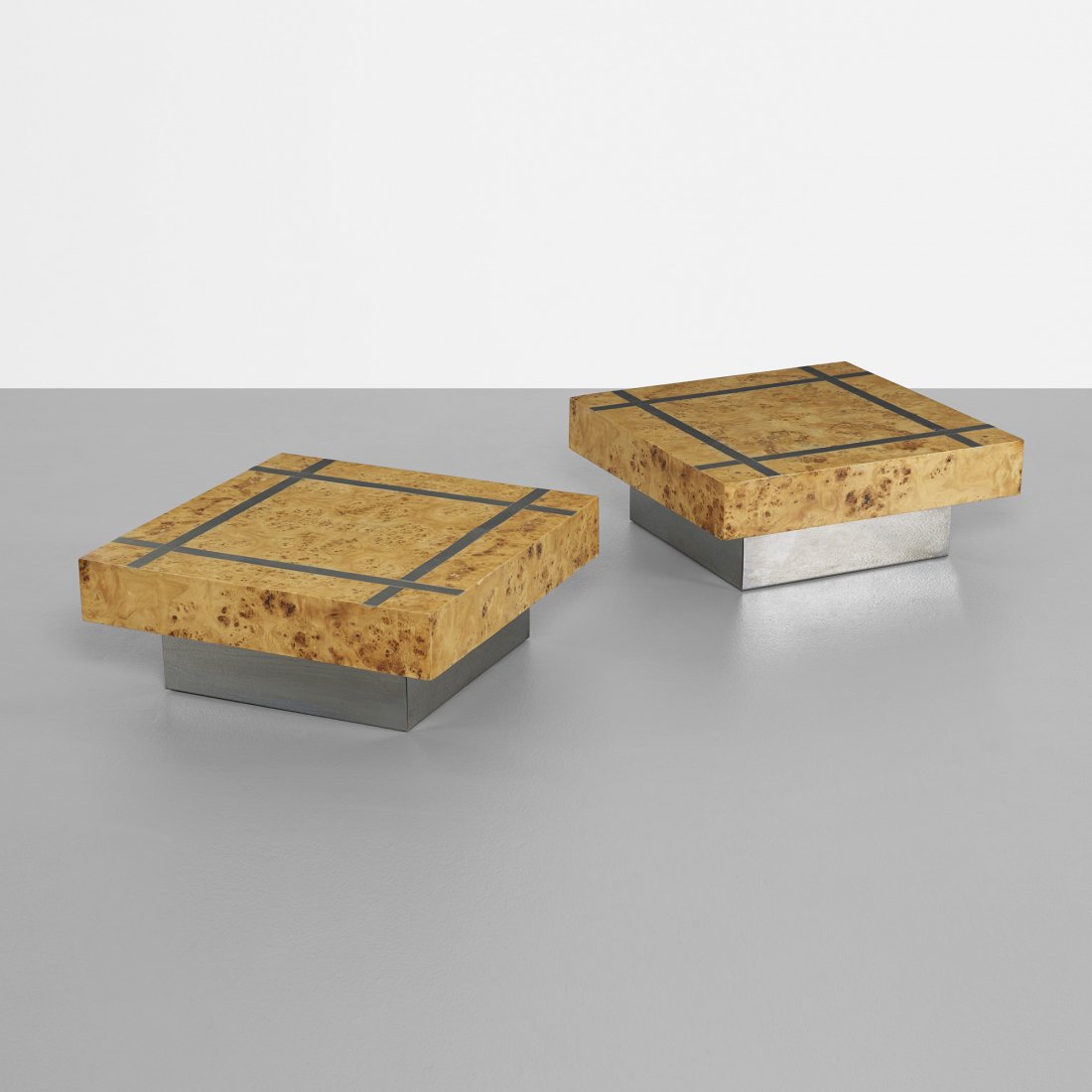 Milo Baughman coffee tables, pair: Milo Baughman coffee tables, pair USA, c. 1970 burled elm, chrome-plated steel, aluminum 27.75 w x 27.75 d x 10.75 h inches