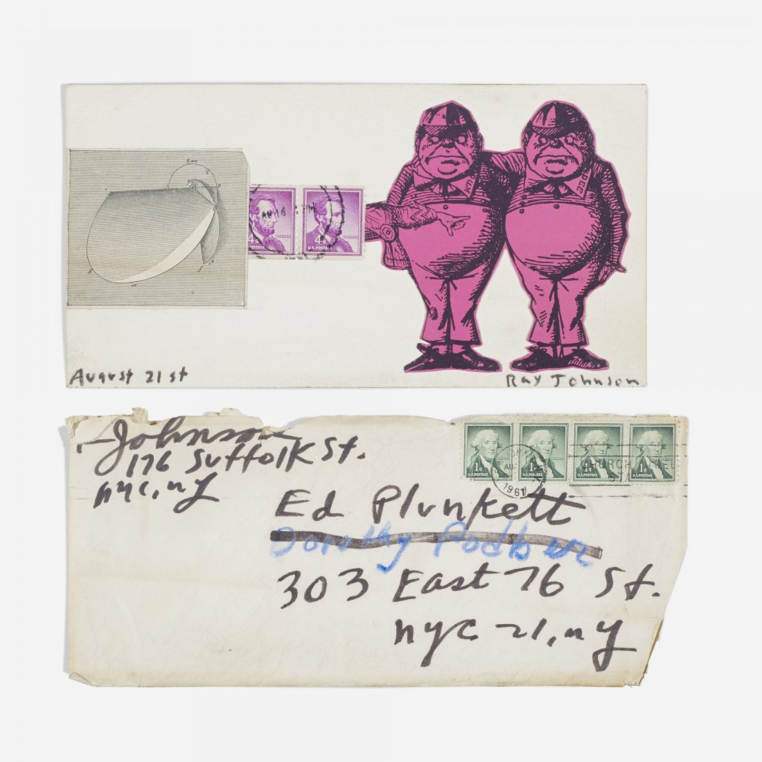 Ray Johnson untitled (Ed Plunkett): Ray Johnson untitled (Ed Plunkett) USA, 1961 mixed media 4 h x 7.5 w inches Signed and dated to front 'August 21st Ray Johnson'. Provenance: Collection of Ed Plunkett | Private collection