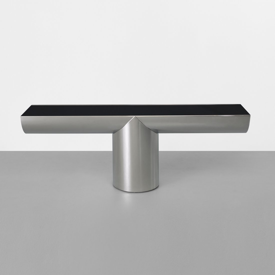 J. Wade Beam Tee console: J. Wade Beam Tee console Brueton USA, c. 1985 stainless steel, Vitrolite 84 w x 18 d x 30.5 h inches