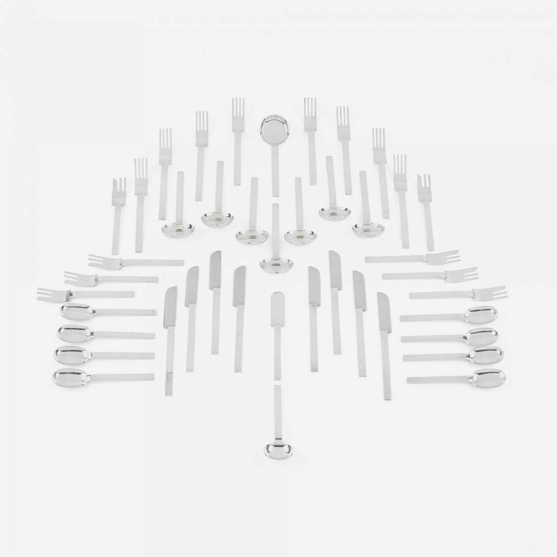 Russel Wright flatware: Russel Wright flatware for the Metropolitan Museum of Art USA, 1933/1987 silverplate Complete five piece service for eight with two additional serving utensils; forty-two elements total. Signed with i