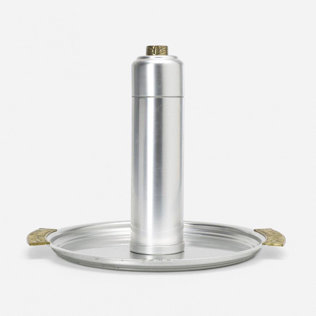 Guild Coldchester cocktail shaker and tray: Lurelle Guild Coldchester cocktail shaker and tray ALCOA USA, 1935 aluminum, brass 17 w x 15 d x 1 h inches Signed with impressed manufacturer's mark to underside of each element: [Kensington].