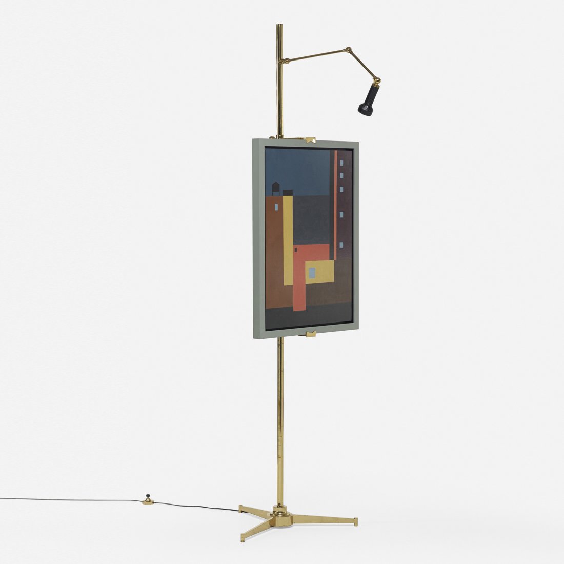 Arredoluce Easel lamp: Arredoluce Easel lamp Italy, c. 1958 brass, enameled aluminum 22.5 w x 23 d x 82.75 h inches Signed with impressed manufacturer's mark to underside: [Made in Italy Arredoluce Monza]. Provenance: Colle