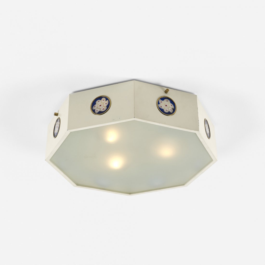 Angelo Lelli Murrine ceiling lamp: Angelo Lelli Murrine ceiling lamp Arredoluce Italy, c. 1968 enameled aluminum, frosted glass, Vistosi glass murrine, brass 16.25 w x 16.25 d x 4 h inches