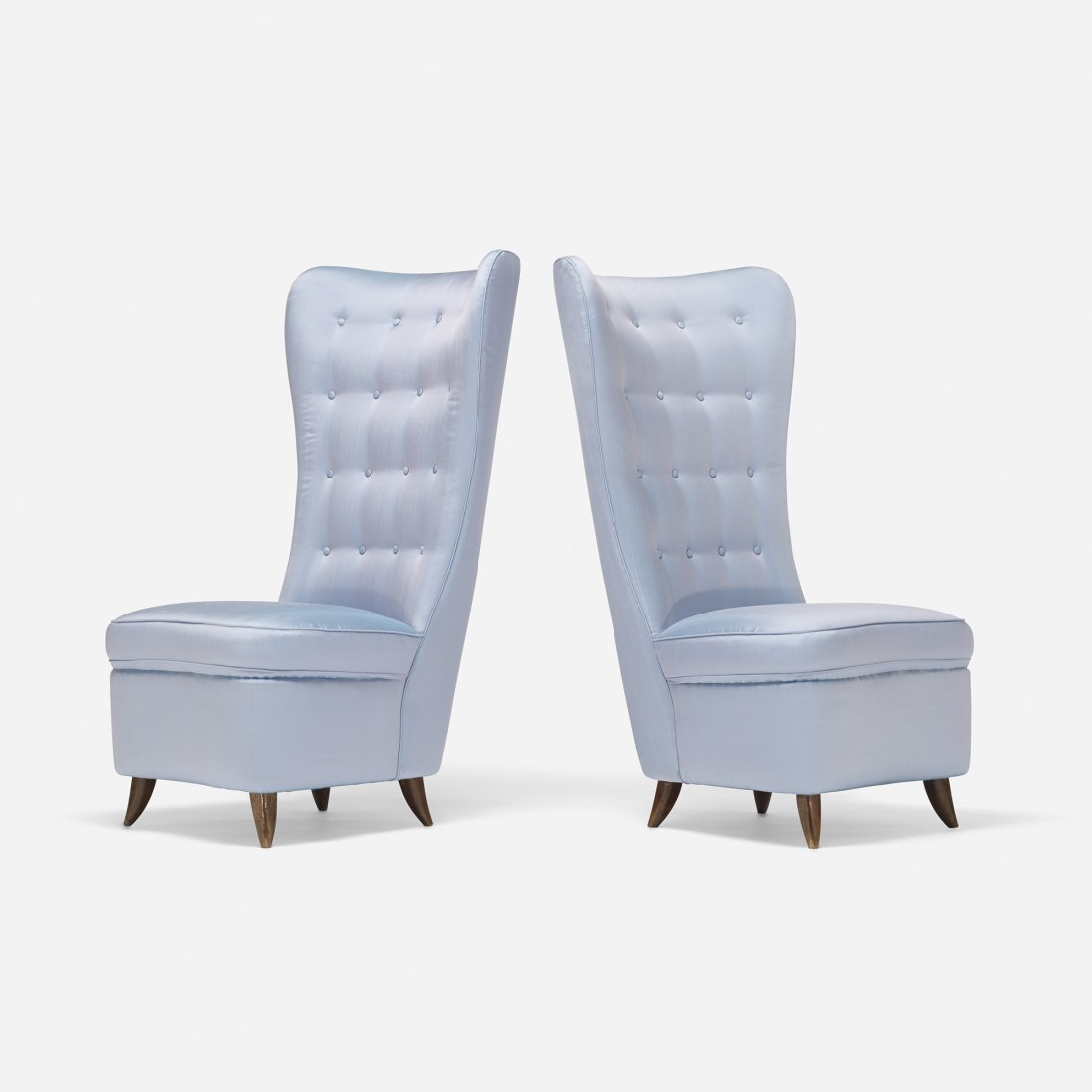 Cesare Lacca pair of lounge chairs: Cesare Lacca pair of lounge chairs from Hotel Bristol, Merano Italy, 1949 silk, Italian walnut 22.5 w x 25 d x 41.5 h inches Literature: L'Arredamento Moderno, Quinta Serie, Aloi, fig. 201 Neuzeitlich