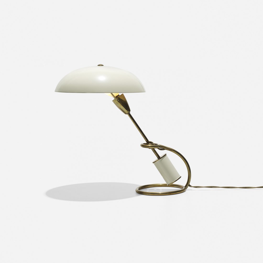 Angelo Lelli table lamp: Angelo Lelli table lamp Arredoluce Italy, c. 1955 brass, enameled aluminum, enameled steel 15 w x 9.5 d x 15 h inches Impressed manufacturer's logo to counterweight. Literature: Neuzeitliche Leuchten,