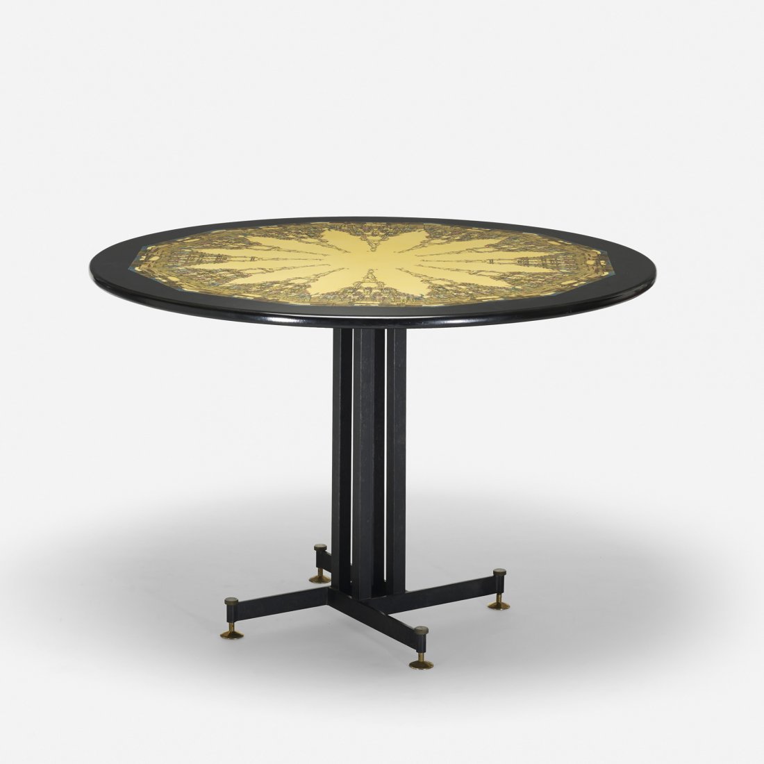 Piero Fornasetti Piramide Umana dining table top: Piero Fornasetti Piramide Umana dining table top Fornasetti Milano Italy, c. 1955 lithographic transfer print on lacquered wood, enameled steel, brass 45.5 dia x 30 h inches This table top has been au