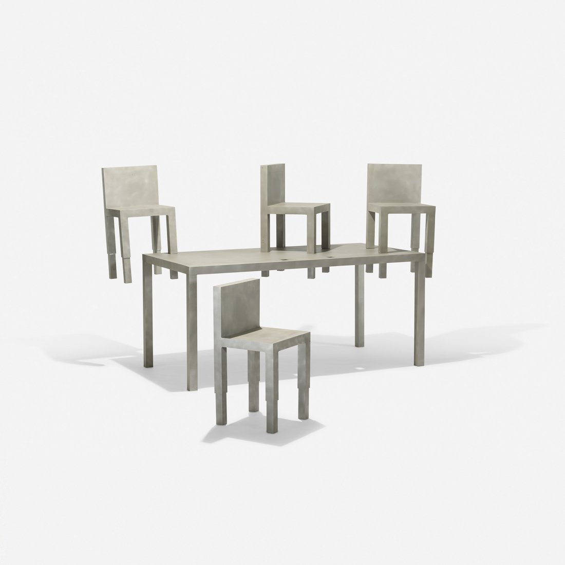 Lawrence Laske Who Supports Who: Lawrence Laske Who Supports Who Gallery 91 USA, 1989 aluminum 66 w x 34 d x 30 h inches This work is unique. Chairs can be used individually as seating or configured as shelves on the tabletop. Signed