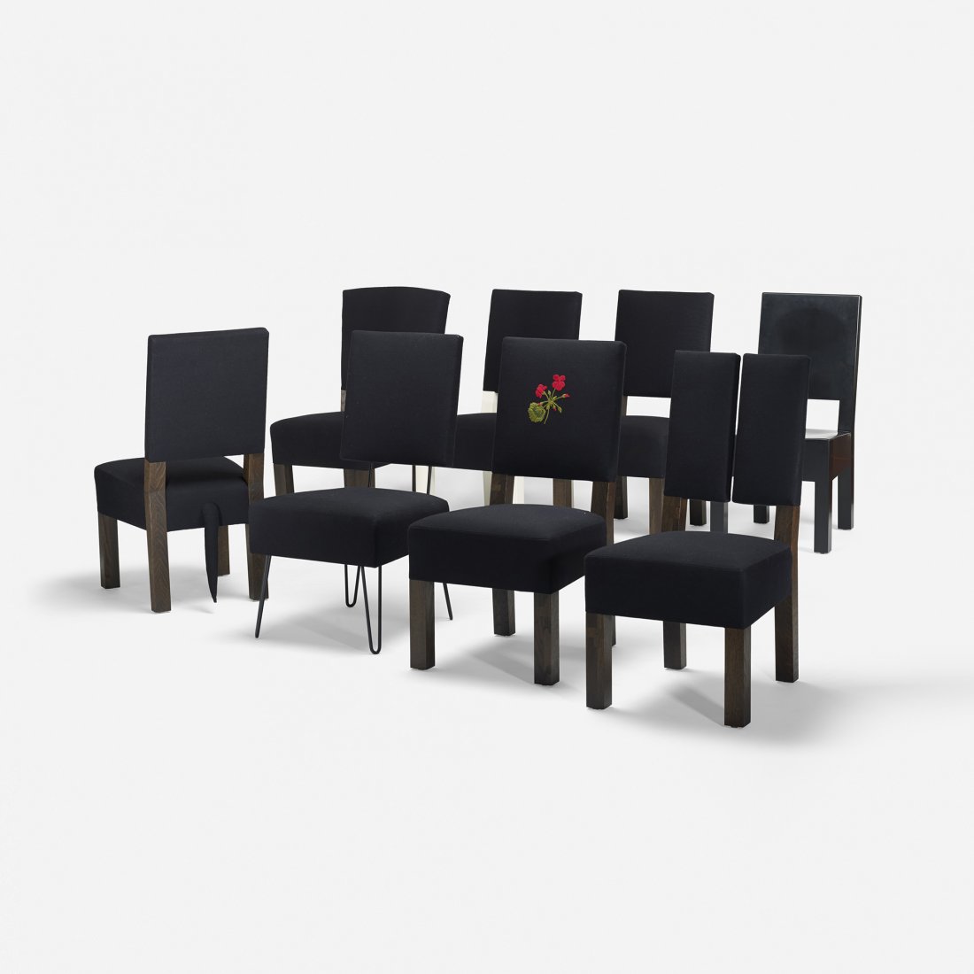 Roy McMakin dining chairs, set of eight: Roy McMakin dining chairs, set of eight Domestic Furniture Company USA, 2005 enameled maple, ebonized oak, upholstery 19.5 w x 26 d x 39.25 h inches This set of chairs is unique. Signed with branded m