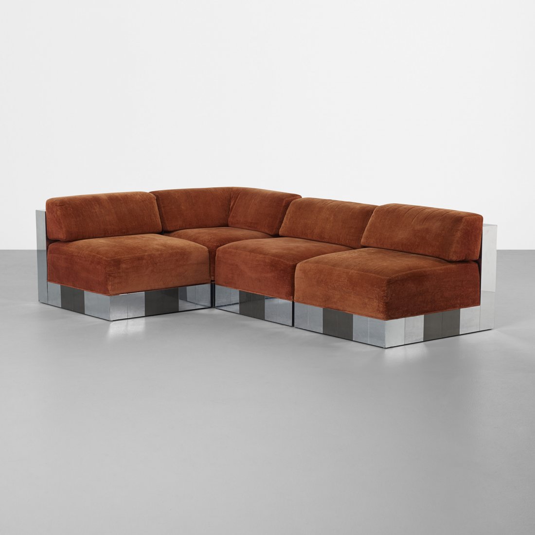 Paul Evans Cityscape sectional sofa: Paul Evans Cityscape sectional sofa Paul Evans Studio for Directional USA, c. 1975 chrome-plated steel, upholstery 96 w x 65 d x 28 h inches Signed with fabric manufacturer's label to underside: [Paul