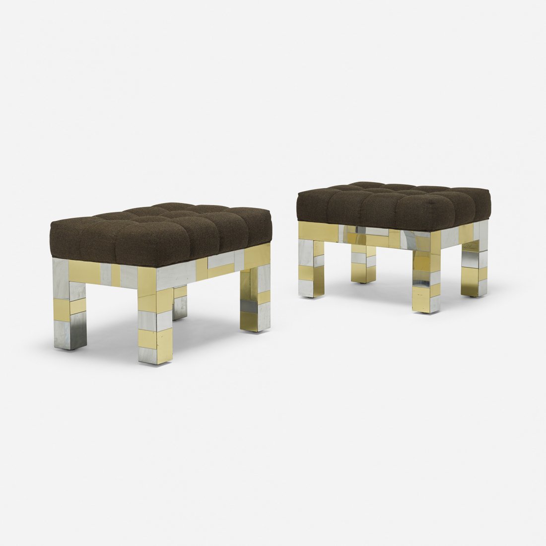 Paul Evans Cityscape stools, pair: Paul Evans Cityscape stools, pair Paul Evans Studio for Directional USA, c. 1975 chrome-plated steel, brass, upholstery 25.5 w x 20 d x 17 h inches Impressed signature to base of one example: [An Orig
