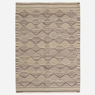 Barbro Nilsson Sp?ñttan carpet: Barbro Nilsson Sp?ñttan carpet M?ñrta M?Ñ?Ñs-Fjetterström AB Sweden, c. 1943 hand-woven wool 59 w x 82.5 l inches Woven signature to edge: [AB MMF BN].