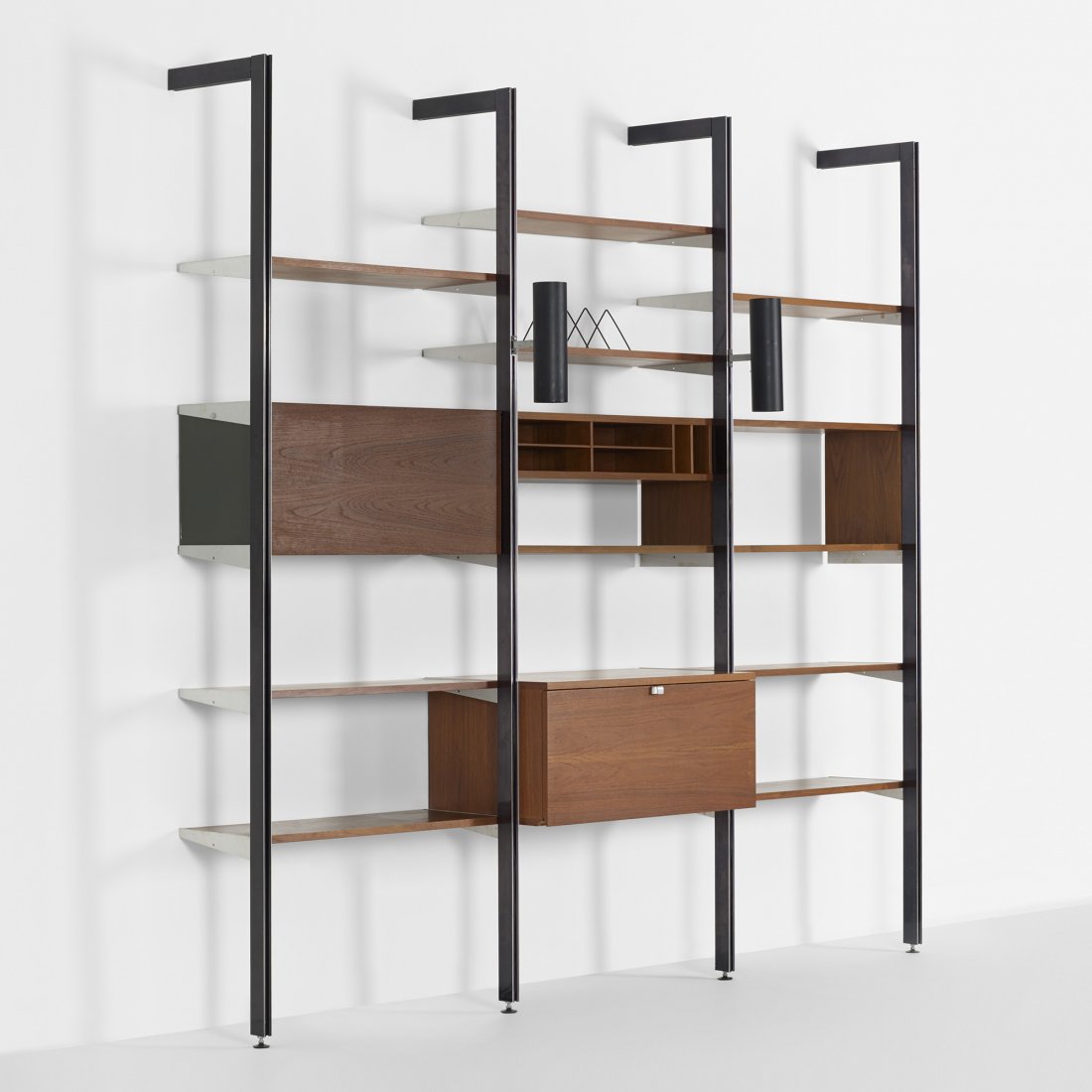 George Nelson & Associates CSS: George Nelson & Associates CSS (Comprehensive Storage System) Herman Miller USA, 1959 walnut, enameled aluminum, aluminum, lacquered masonite 97 w x 22.25 d x 95 h inches This CSS unit is comprised of