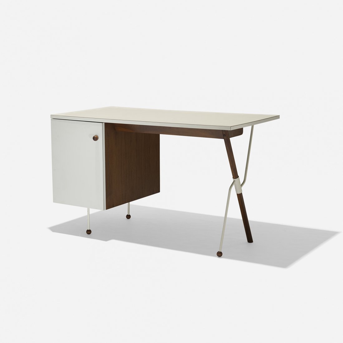 Greta Magnusson Grossman desk: Greta Magnusson Grossman desk Glenn of California Sweden, c. 1952 walnut, laminate, enameled steel 47.5 w x 25 d x 29 h inches Desk features one door concealing two drawers and one pull-out shelf. Lit