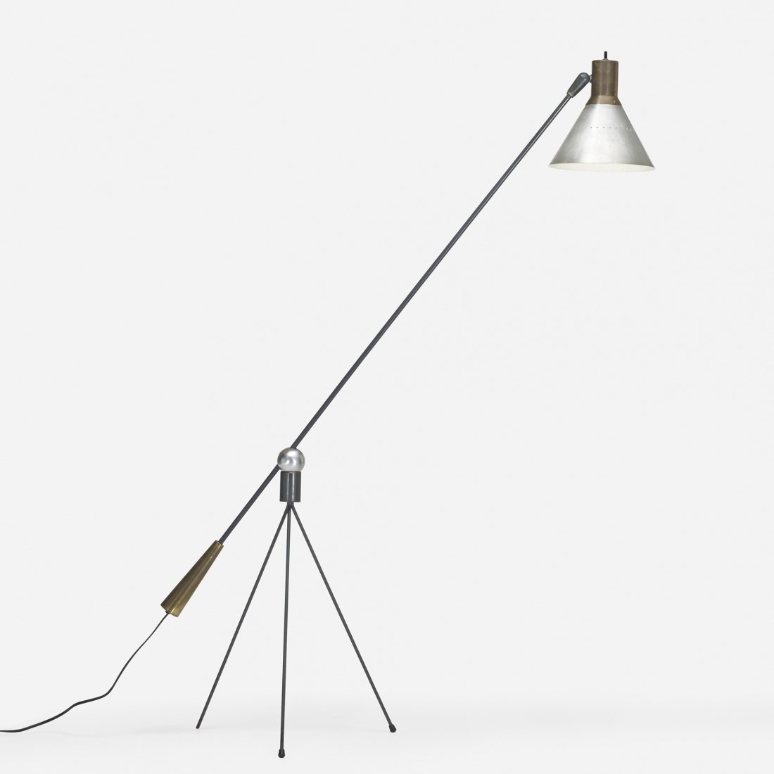 Gilbert Watrous floor lamp: Gilbert Watrous floor lamp Heifetz Manufacturing Co. USA, 1951 enameled steel, aluminum, brass, chrome-plated steel, rubber 43 w x 14.5 d x 53 h inches This work features a two-part shade made of bras