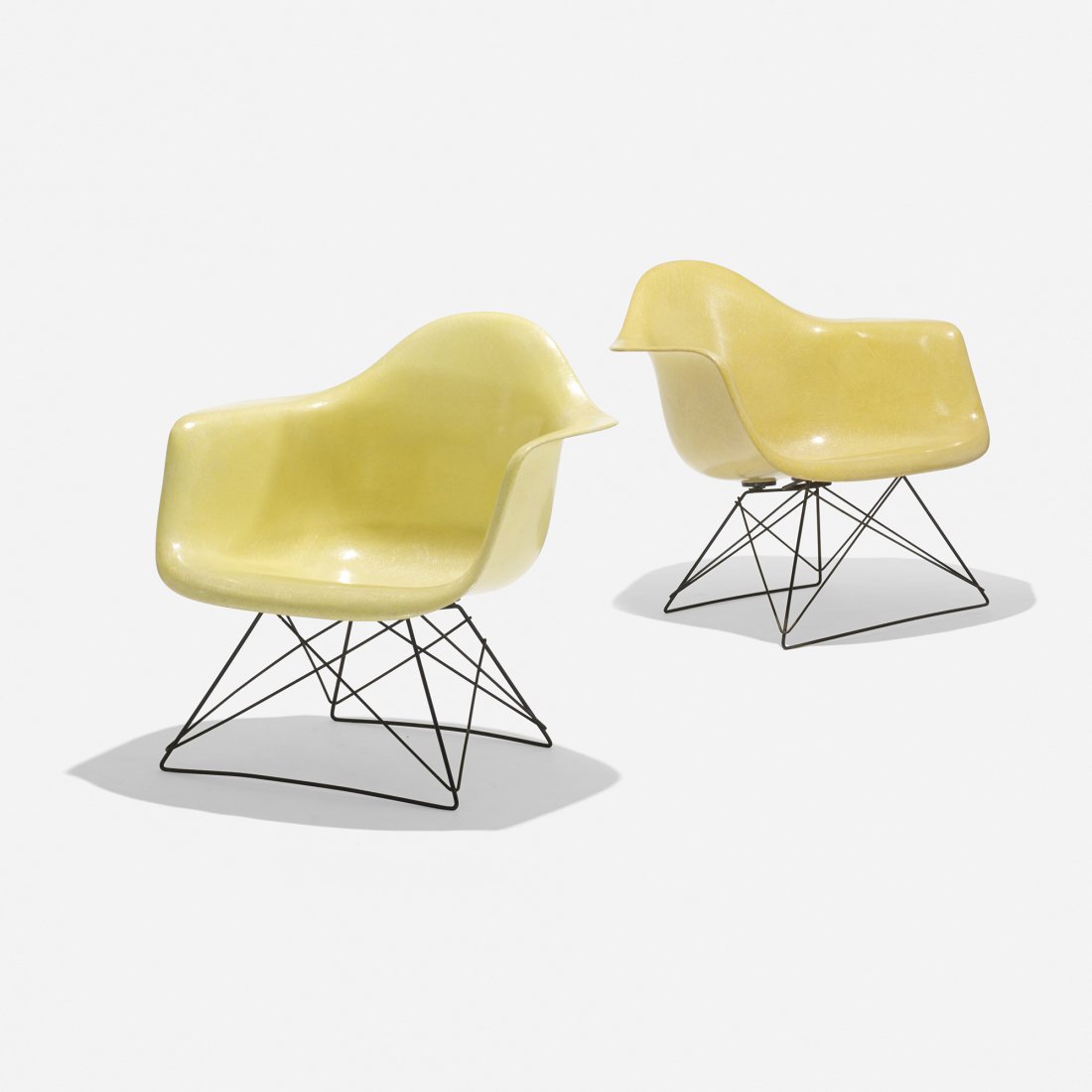 Charles and Ray Eames LARs, pair: Charles and Ray Eames LARs, pair Herman Miller USA, 1950/c. 1951 molded fiberglass, enameled steel, rubber 25 w x 25 d x 24.5 h inches Signed with partial decal manufacturer?ÇÖs label to underside o
