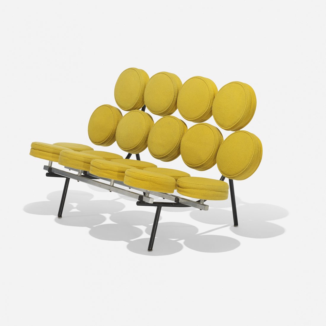 George Nelson & Associates Marshmallow Sofa: George Nelson & Associates Marshmallow Sofa Herman Miller USA, 1956 upholstery, chrome-plated steel, enameled steel 51.5 w x 31 d x 31 h inches Signed with metal disc manufacturer's label to underside