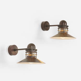 Alfred Homann and Ole Kjaer Nyhavn sconces, pair: Alfred Homann and Ole Kjaer Nyhavn sconces, pair Louis Poulsen Denmark, 1976 copper 12.25 w x 17.5 d x 9 h inches