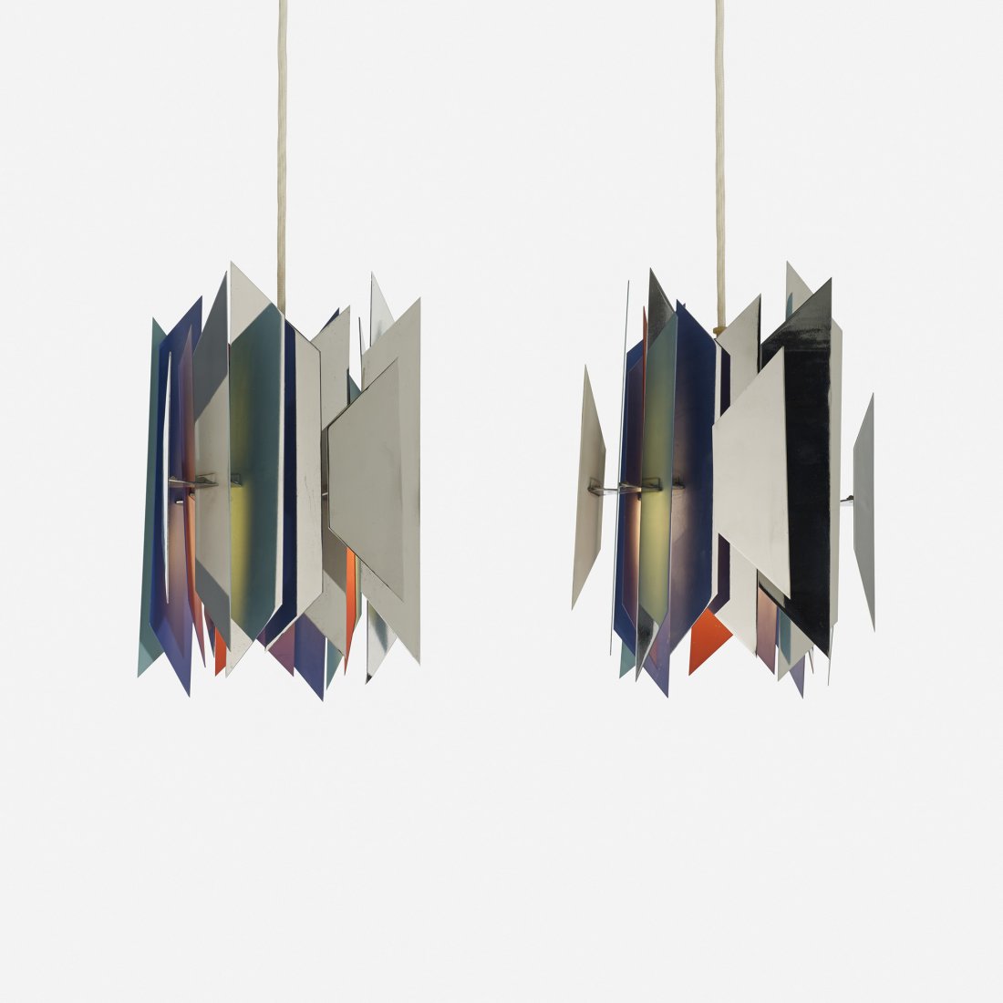 Simon Henningsen Divan 2 pendant lamps, pair: Simon Henningsen Divan 2 pendant lamps, pair Lyfa Denmark, 1962 enameled and chrome-plated steel 9.5 dia x 12.75 h inches Signed with impressed manufacturer's mark to interior of each example: [Made i