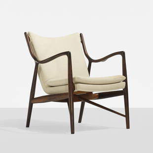 Finn Juhl rare lounge chair, model NV-45: Finn Juhl rare lounge chair, model NV-45 Niels Vodder Denmark, 1945 rosewood, upholstery 27 w x 30 d x 33 h inches Signed with branded manufacturer's mark to frame: [Cabinetmaker Niels Vodder Copenhag