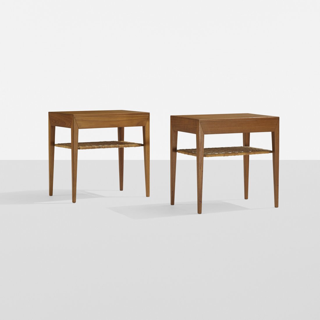 Severin Hansen nighstands, pair: Severin Hansen nighstands, pair Haslev Mobelsnedkeri A/S Denmark, c. 1965 teak, cane 19.5 w x 13.5 d x 19.75 h inches Each nightstand features a single drawer. Signed with stamped manufacturer's mark