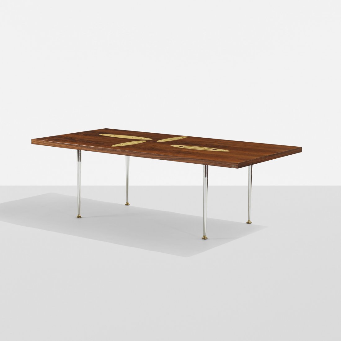 Tapio Wirkkala coffee table: Tapio Wirkkala coffee table Asko Finland, 1958 rosewood, teak, birch, chrome-plated steel, brass 49 w x 24.5 d x 16 h inches Signed with branded manufacturer's mark to underside: [Tapio Wirkkala Asko