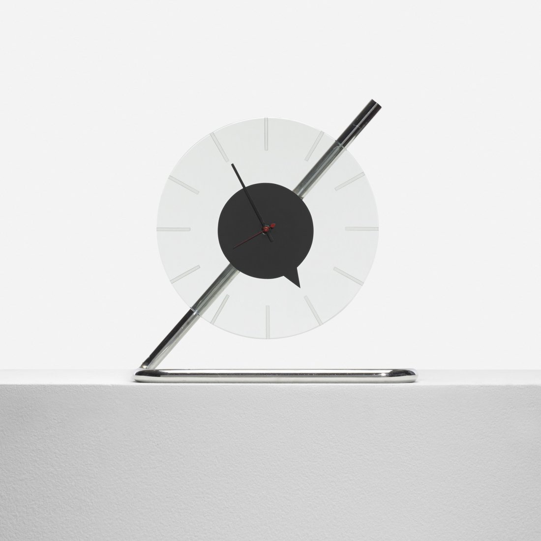 Gilbert Rohde Z-clock, model 4090: Gilbert Rohde Z-clock, model 4090 Herman Miller USA, c. 1933 chrome-plated steel, etched glass, enameled aluminum 12.75 w x 3.5 d x 12.5 h inches Signed with cast manufacturer's mark to reverse: [Made