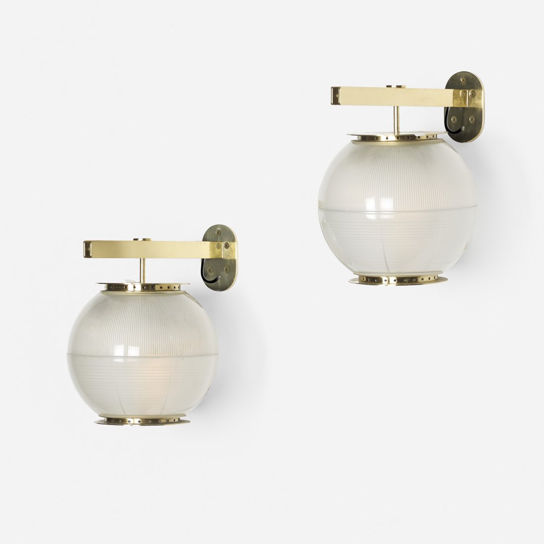 Ignazio Gardella Doppio Vetro sconces, pair: Ignazio Gardella Doppio Vetro sconces model Lp 7, pair Azucena Italy, 1955 glass, brass 10 w x 13.75 d x 12.25 h inches Signed with impressed manufacturer's mark to wallmount of each example: [Azucena