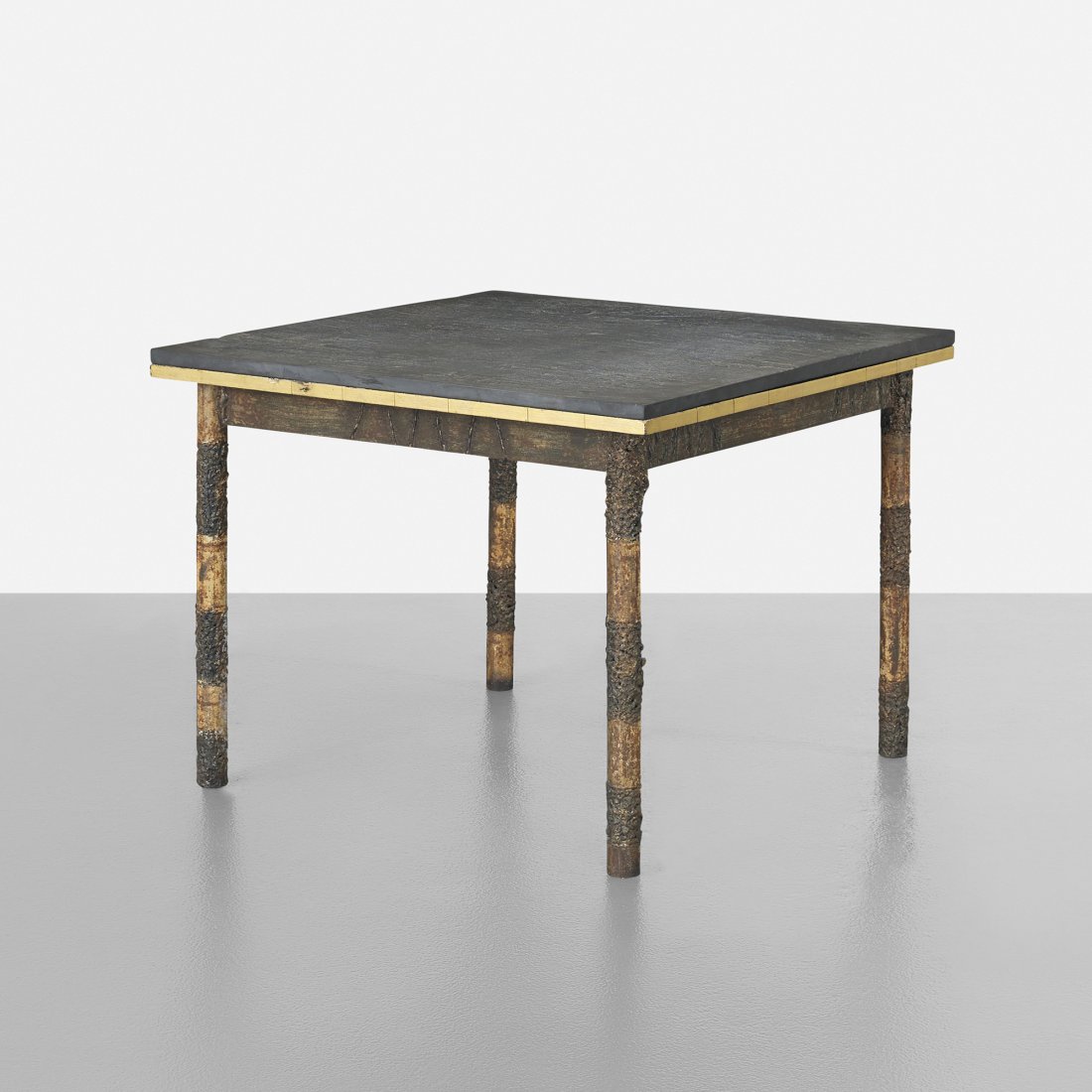 Paul Evans occasional table: Paul Evans occasional table Paul Evans Studio USA, c. 1960 welded steel with applied patina, slate, gilt wood 32 w x 32 d x 24.75 h inches