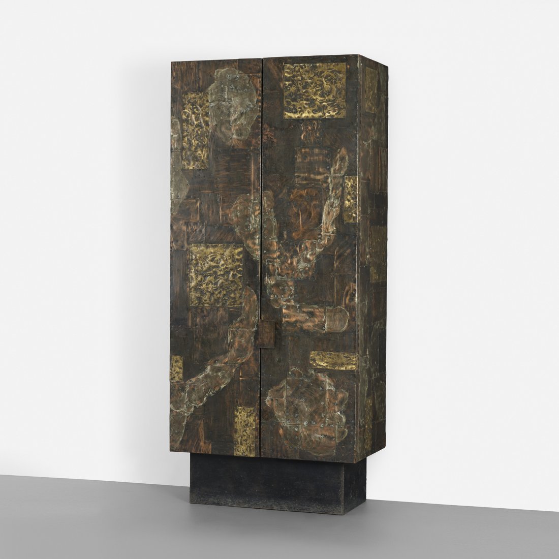 Paul Evans cabinet: Paul Evans cabinet Paul Evans Studio for Directional USA, c. 1970 welded and patinated steel, lacquered wood, brass 36 w x 20.5 d x 82 h inches Cabinet features two doors concealing three adjustable s