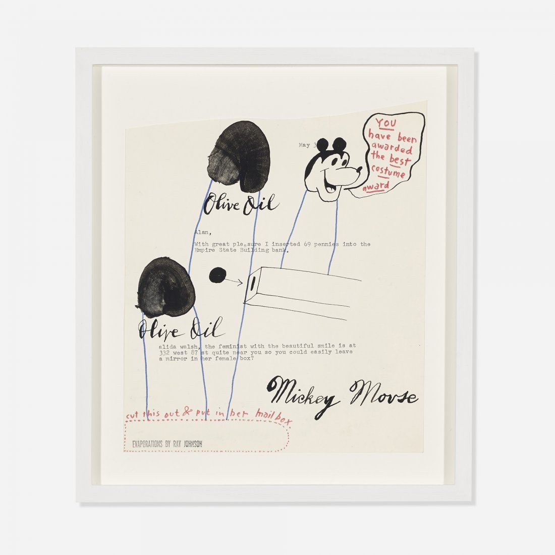 Ray Johnson Untitled (Olive Oil Mickey Mouse): Ray Johnson Untitled (Olive Oil Mickey Mouse) USA ink on paper 9.75 h x 8.5 w inches Stamped signature to lower left 'Evaporations by Ray Johnson'. Sold with a letter addressed to Alan on Ray Johnson'