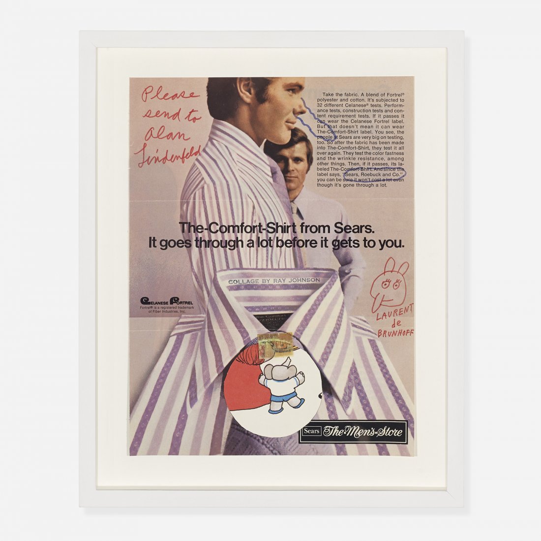 Ray Johnson Untitled (The-Comfort-Shirt): Ray Johnson Untitled (The-Comfort-Shirt) USA printed paper with collage and ink 11 h x 8 w inches Stamped signature to center 'Collage by Ray Johnson'. Provenance: Alan Lindenfeld, NY | Private collec