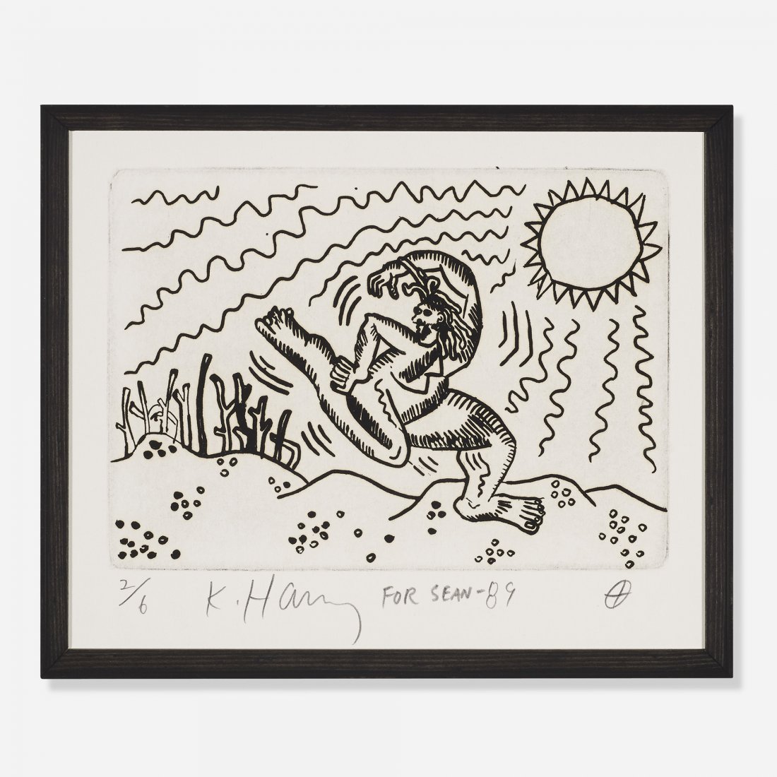Keith Haring Untitled: Keith Haring Untitled USA, 1989 etching on paper 11.5 h x 12.75 w inches Signed, inscribed, numbered and dated to lower margin 'K. Haring for Sean 2/6 89'. This work is number 2 from the edition of 6.