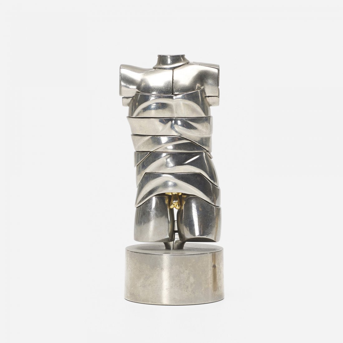 Miguel Berrocal Mini David: Miguel Berrocal Mini David Spain, 1969 nickel-plated Zamak, gold-plated brass 2.25 dia x 5.25 h inches Impressed signature and number to one element 'Berrocal 7543'. This work is number 7543 from the