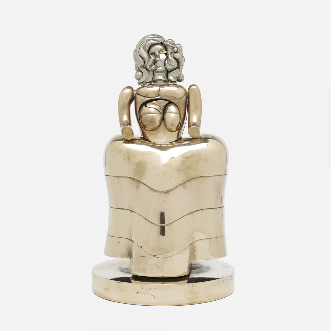 Miguel Berrocal La Menina II &Portrait de Michele: Miguel Berrocal La Menina II and Portrait de Michele Spain, 1969/1973 brass, chrome-plated brass, enamel; nickel-plated Zamak, gold-plated brass, enamel, cubic zirconia 7.5 dia x 13.5 h inches Signed