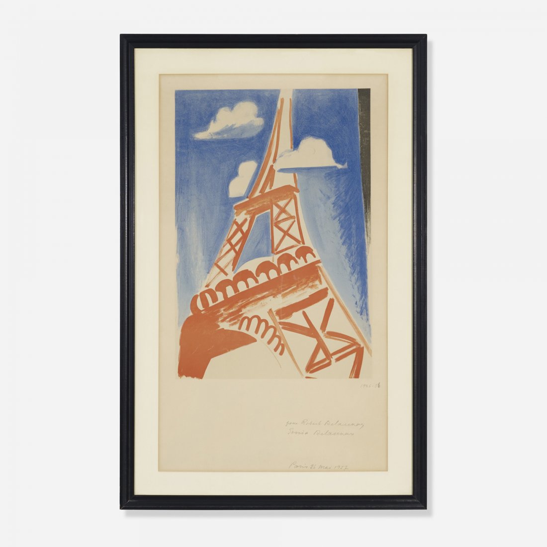 Robert and Sonia Delaunay Eiffel Tower Print: Robert Delaunay and Sonia Delaunay Eiffel Tower Print France, 1926/1957 lithograph on paper 20.5 h x 13.75 w inches Signed and dated to lower margin '1926-56 Robert Delaunay Sonia Delaunay Paris 16 Ma